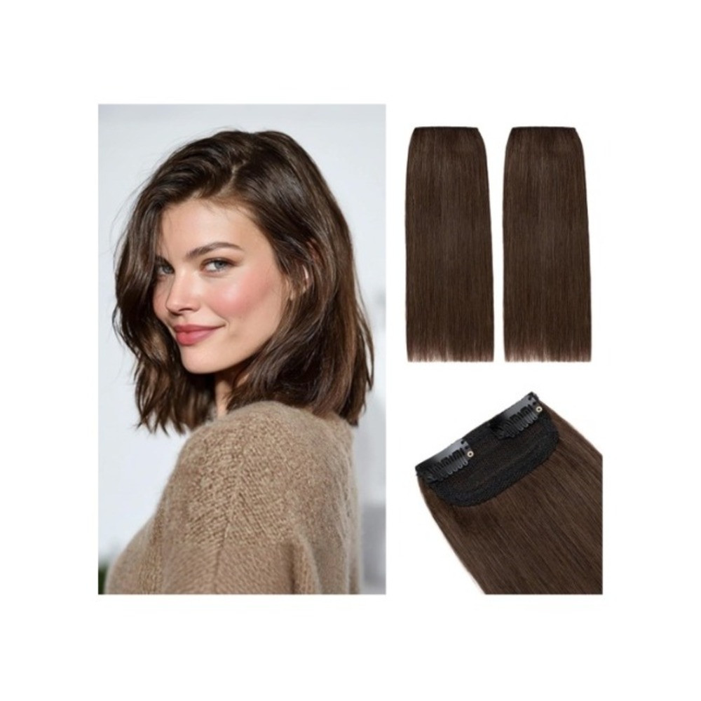 Remy Real Human Hair Clip In Extensions 2PCS Mini Hairpiece 10 Inch #4 Med Brown